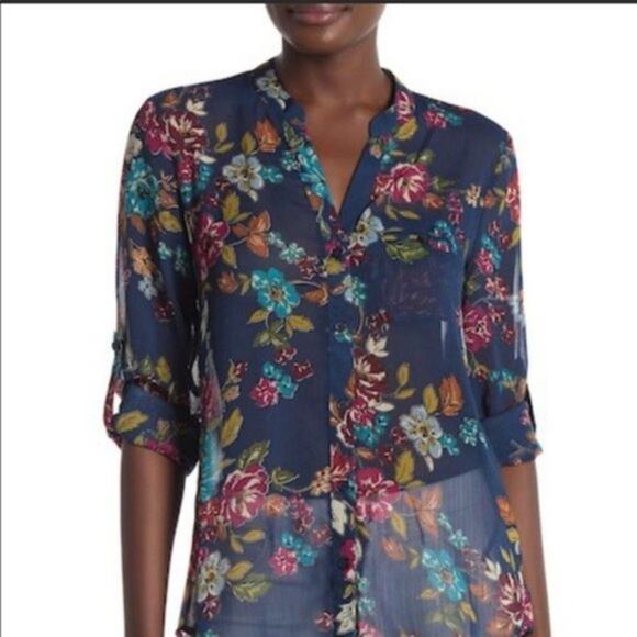 Kut from the Kloth Blue Floral Sheer Top Blouse Size Medium - Picture 2 of 13